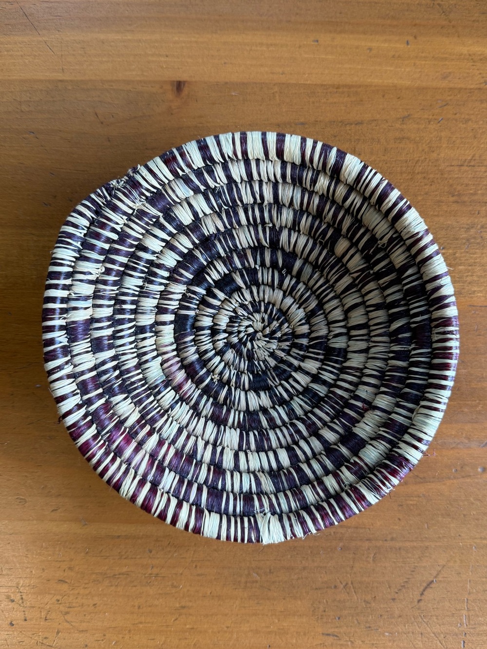 Handwoven Coiled Raffia Basket Bowl Black Brown Natural Catchall Boho Decor 6.5”
